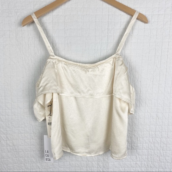 LACAUSA Flirty Cry Baby Cream Satin Ruffle Y2K Crop Top NWT Small - Picture 6 of 9